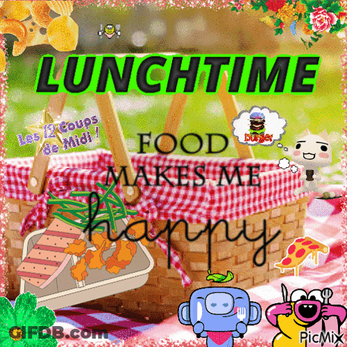 Picnic Basket Saying Lunchtime Food Makes Me Happy GIF