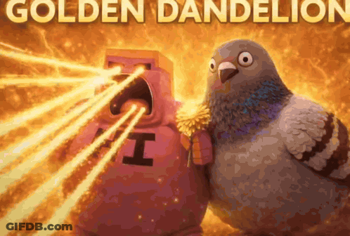 Pigeon Holding Dandelion Next To Cartoon With I On Shirt GIF