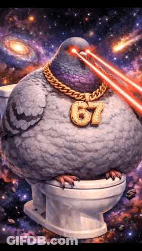 Pigeon Wearing Necklace With Number 67 Sitting On Toilet GIF