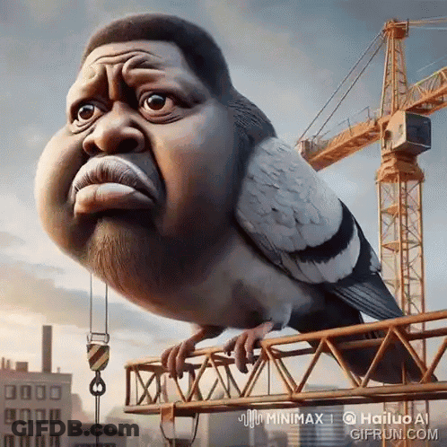 Pigeon With Man's Face Sitting On Crane GIF