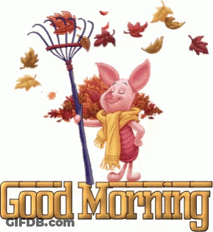 Piglet Holding Rake With Falling Leaves GIF