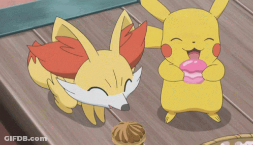 Pikachu And Fox Standing On Wooden Table GIF