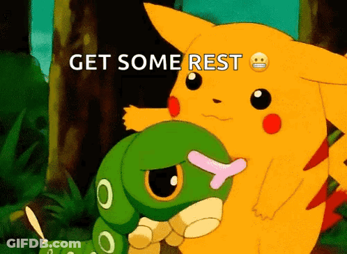 Pikachu And Green Caterpillar Get Some Rest GIF