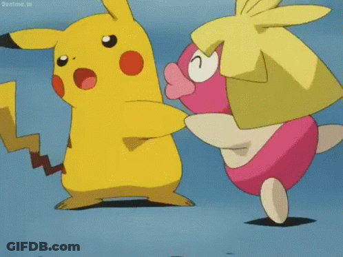 Pikachu And Pink White Cartoon Character Standing Together GIF