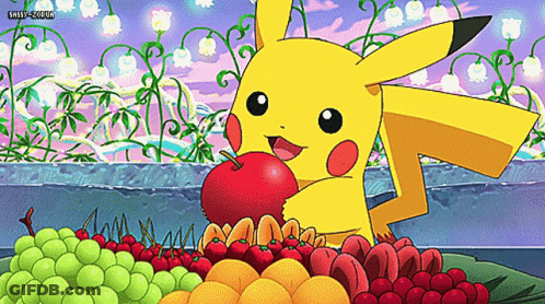 Pikachu Eating Apple In Front Of Fruit Pile GIF