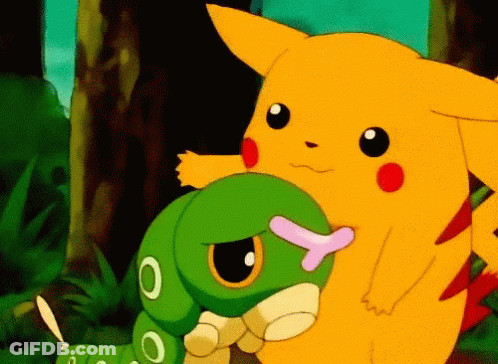 Pikachu Holding Green Caterpillar Pink Tongue GIF