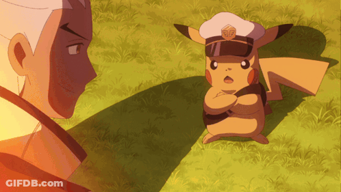 Pikachu In Police Hat Next To Man In Field GIF