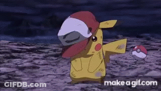 Pikachu In Red Hat Holding Red Pokeball GIF