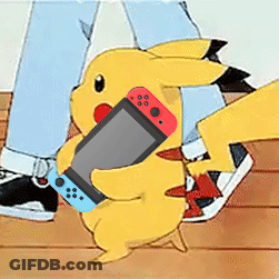 Pikachu Is Holding A Nintendo Switch Next To A Person 'S Legs . GIF