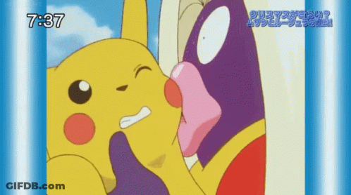 Pikachu Kissing Another Cartoon Character On The Nose GIF
