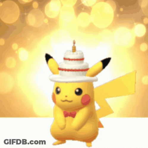 Pikachu Wearing Hat With Cake On Top GIF