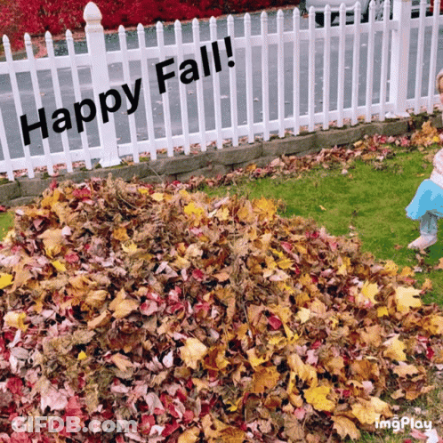 Pile Of Leaves In Front Of Fence Saying Happy Fall GIF