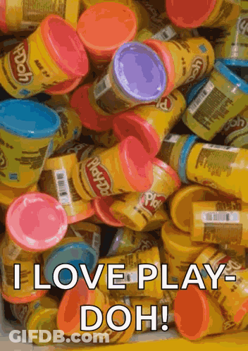 Pile Of Play Doh Cups Saying I Love Play Doh GIF