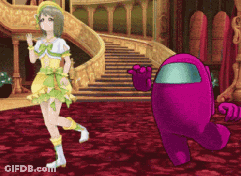 Pink Among Us Character Next To Girl In Yellow Dress GIF