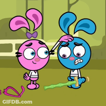 Pink And Blue Cartoon Characters Holding Green Object GIF