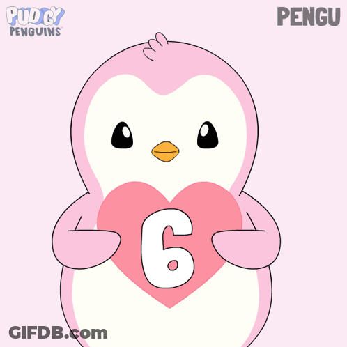 Pink And Blue Penguin Holding Heart Number 6 GIF
