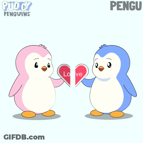 Pink And Blue Penguin Holding Heart With Love GIF