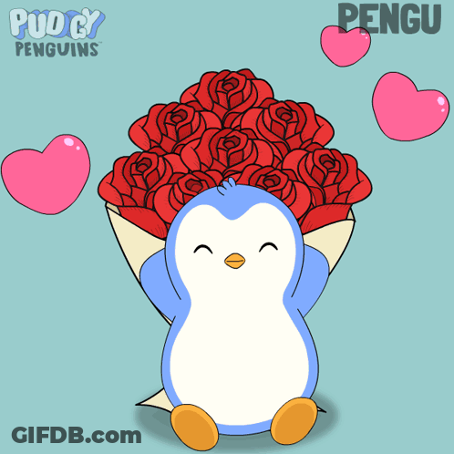 Pink And Blue Penguin Holding Red Roses With Word Pengu GIF
