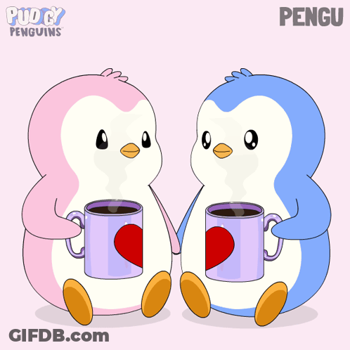 Pink And Blue Penguins Holding Cups GIF