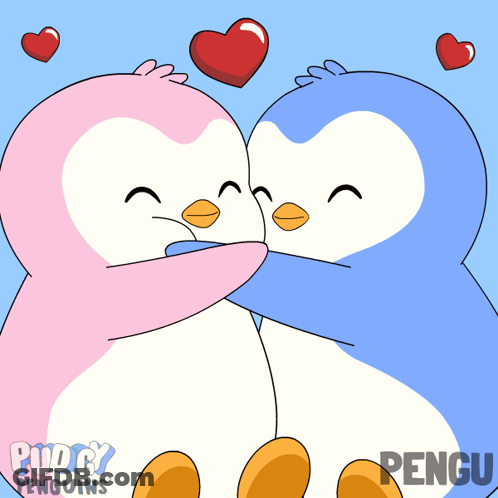 Pink And Blue Penguins Hugging With Hearts Puddy Penguins GIF