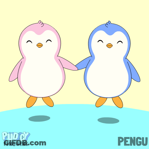 Pink And Blue Penguins With Hearts Around Necks Sitting Together GIF
