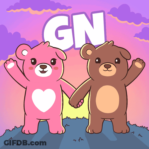 Pink And Brown Teddy Bears Holding Hands With Word GN GIF