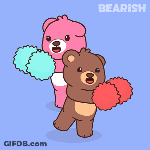 Pink And Brown Teddy Bears Holding Pom Poms Saying Bearish GIF