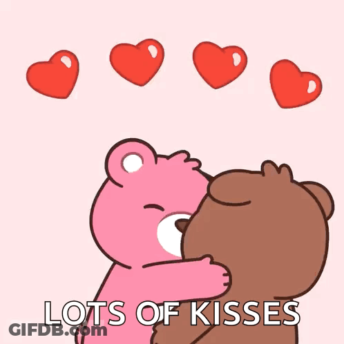 Pink And Brown Teddy Bears Hugging With Hearts And Lots Of Kis GIF