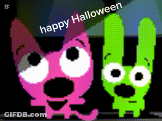 Pink And Green Cartoon Character Saying Happy Halloween GIF