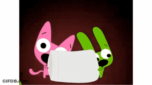 Pink And Green Cartoon Characters Holding White Object GIF