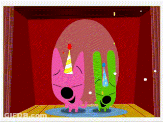 Pink And Green Cartoon Characters With Party Hats GIF