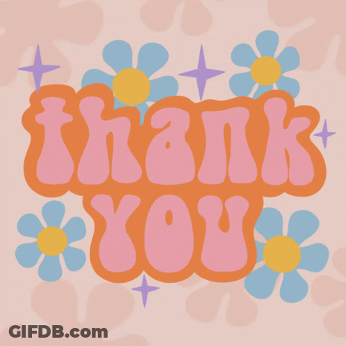 Pink And Orange Thank You Card With Flowers And Stars GIF