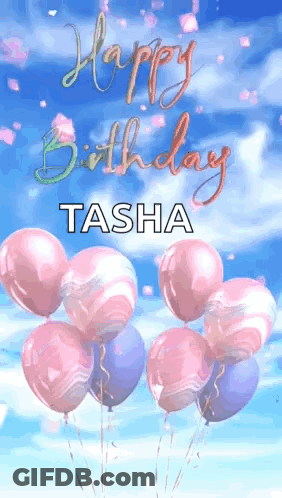 Pink And Purple Balloons Flying With Happy Birthday Tasha GIF