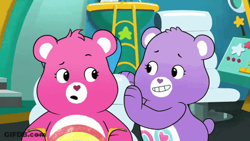 Pink And Purple Care Bears Talking GIF