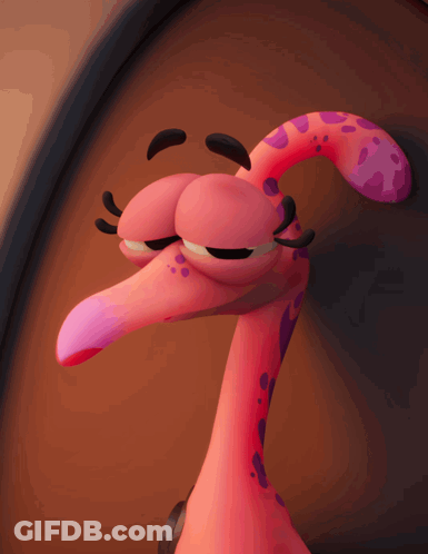 Pink And Purple Cartoon Character With Long Neck And Black Eyelashes GIF