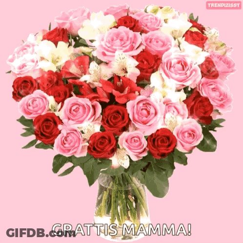 Pink And Red Roses In Vase With Grattis Mamma GIF