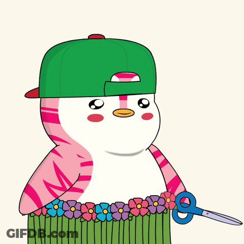 Pink And White Penguin In Green Hat Holding Scissors GIF