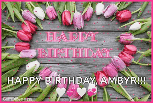 Pink And White Tulips On Wooden Birthday Card GIF