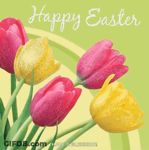 Pink And Yellow Tulips On A Green Background With The Words Happy Easter GIF
