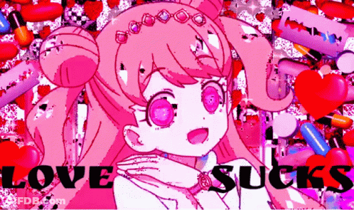 Pink Anime Girl Surrounded By Hearts And Pills Love Sucks GIF