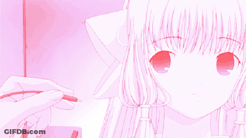 Pink Anime Girl With Red Eyes Being Brushed GIF