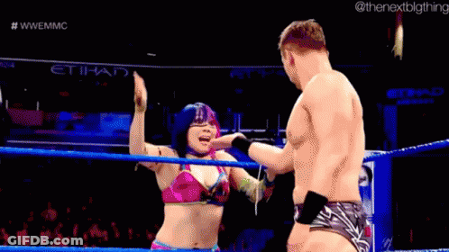 Pink Bikini Woman Wrestling Blue Ring Man GIF