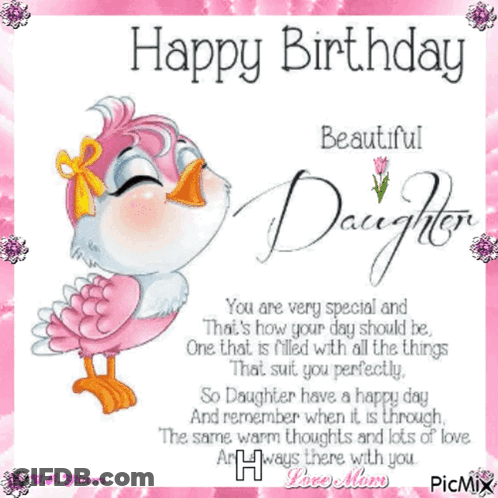 Pink Bird Birthday Card For Daughter GIF