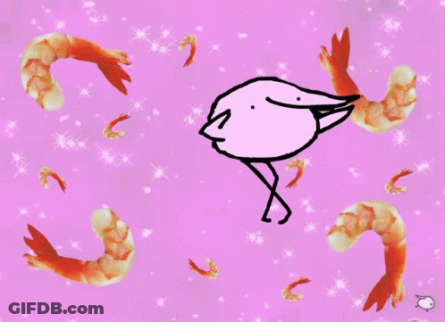 Pink Bird Surrounded By Shrimp On Purple Background GIF