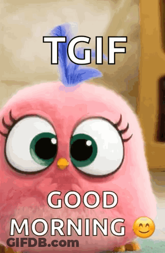 Pink Bird With Blue Feather Says TGIF Good Morning GIF