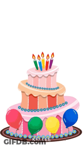 Pink Birthday Cake With Candles And Balloons GIF