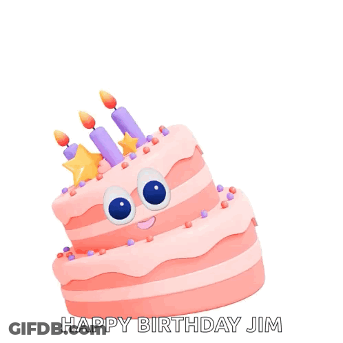 Pink Birthday Cake With Candles And Confetti Saying Happy Birthday Jim GIF