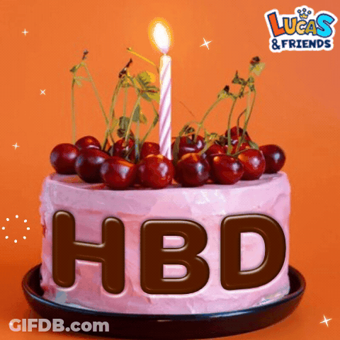 Pink Birthday Cake With Cherries And Lit Candle GIF