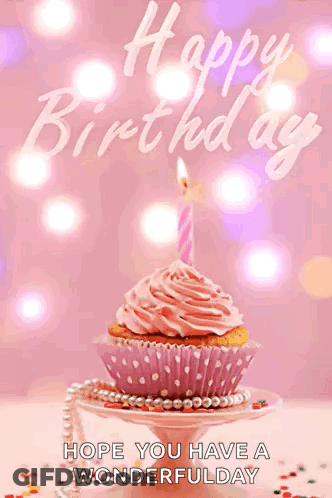 Pink Birthday Card With Cupcake And Candle GIF