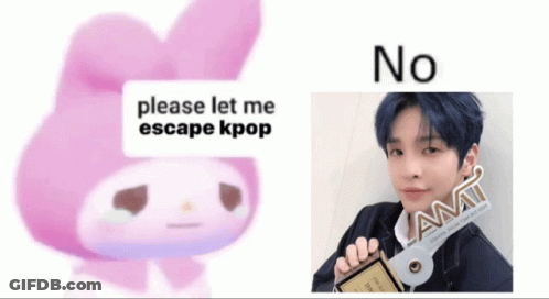 Pink Bunny Says Please Let Me Escape Kpop Next To Boy Holding CD GIF